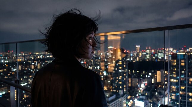 Silhouette of person looking over massive illuminated city skyline at night.