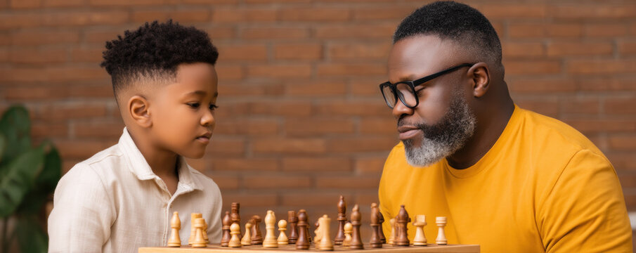 Father son chess game family together Father day dad daddy moment father and son play chess game together home sharing love focus and quiet joy