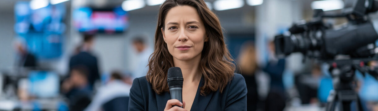News Anchor Reporting: A confident female news anchor, holding a microphone and looking directly at the camera, stands in a bustling newsroom with cameras and screens in the background.