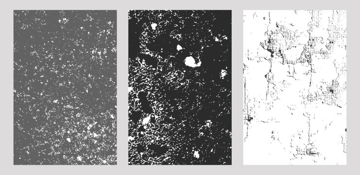 Set of three grunge texture panels with cracked, corroded, and aged surfaces, abstract high-contrast black-and-white patterns for backgrounds, overlays, or digital art projects