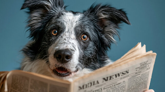 Surprised Border Collie Reads Newspaper: A close-up shot captures a Border Collie's wide-eyed astonishment as it intently reads a newspaper.