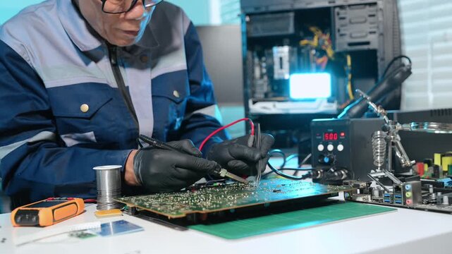 Closeup of expert soldering a green PCB board using precision tools. Ideal for electronics, circuit repair, engineering