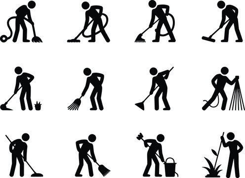 Set of black silhouette icons of people doing gardening work