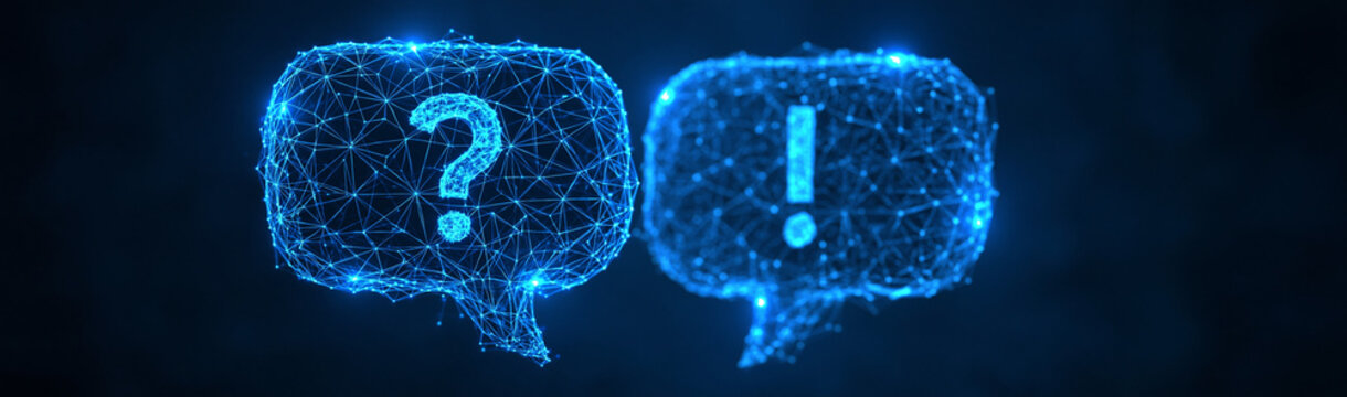 Abstract Communication Bubbles: Two glowing neon blue abstract communication bubbles, one displaying a question mark and the other an exclamation point, float on a dark background.