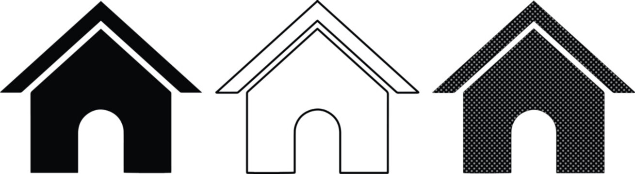 シンプルな家アイコンのセット、黒と白のミニマルな住宅シンボル、ウェブサイトやアプリのホームボタンに最適なベクター素材