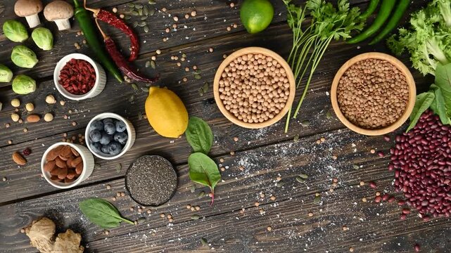 Overhead view of healthy plant based superfoods ingredients arranged on rustic wooden table background.