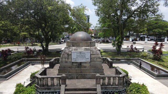 Drone shot of Linggajati monument at Sumedang town square park, West Java