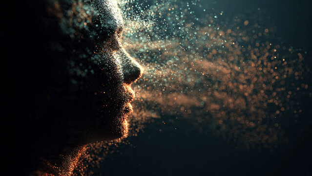 Man's face dissolving into particles in dark space