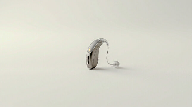 Futuristic smart hearing implant on clean off-white backdrop
