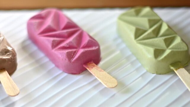 Three gourmet geometric popsicles arranged on white ribbed surface in cinematic slow zoom.