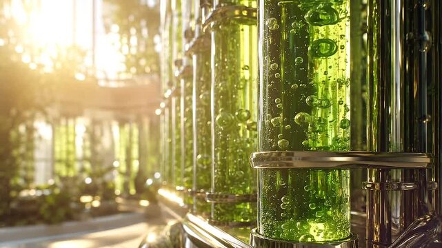 Eco utopia concept bioreactor algae green glass tube bubble laboratory renewable energy sustainable biotechnology interior sunlight eco utopia