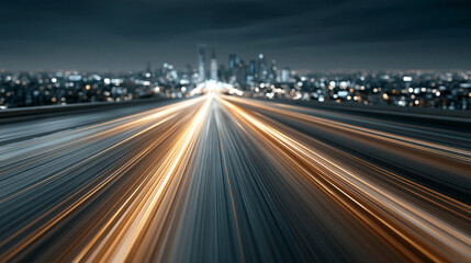 Obraz premium Speed of Light: Streaking lights of a highway at night convey a sense of rapid movement and the dynamic energy of a modern city's pulse in the distance.