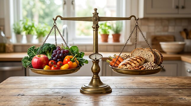 Timbangan Emas Tampilkan Perbandingan Makanan Sehat dan Karbohidrat di Dapur, Konsep Diet Seimbang