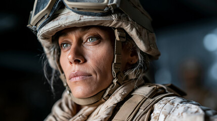 Obraz premium Female Soldier's Gaze: A determined female soldier, clad in tactical gear and helmet, stares intently forward, her blue eyes reflecting a deep sense of purpose and resilience.