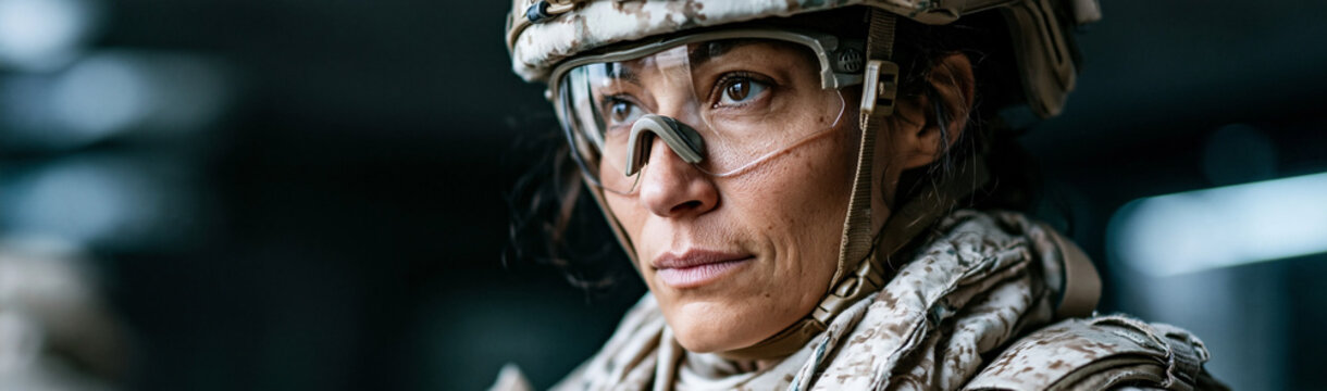 Focused Soldier in Action: A determined female soldier in full combat gear and helmet, her gaze resolute and focused, embodying strength and courage in a tense environment.
