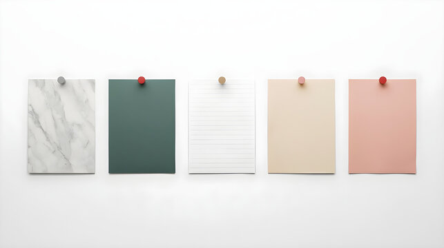 organized layout of five rectangular paper sheets pinned to a white background. Each sheet is held by a distinctively colored pin at the top center. From left to right, the first sheet is a light 