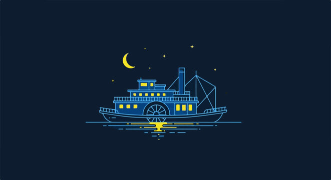 A paddlewheel boat sails on calm waters under a starry night sky with a crescent moon