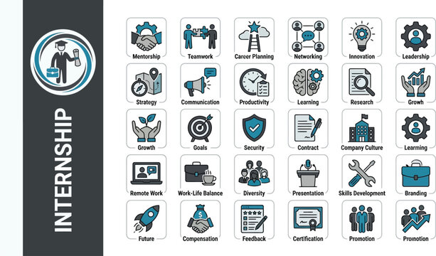 Internship program icons illustrate various professional development concepts and corporate skills essential for career growth and organizational success.