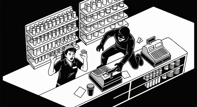 A masked thief is robbing a cashier at gunpoint in a convenience store