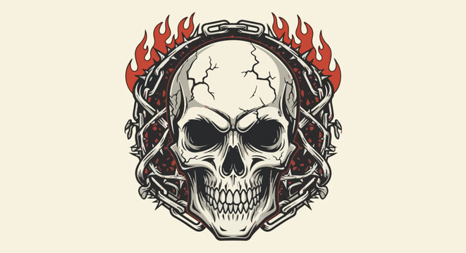 A menacing skull with cracking detail, encircled by chains and flames, on a pale background