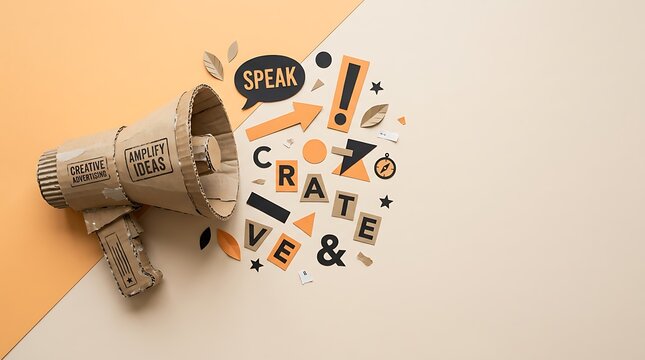 Megafon karton unik dengan tulisan "Amplify Ideas" dan "Creative Advertising" sebagai simbol promosi ide kreatif dan komunikasi efektif.
