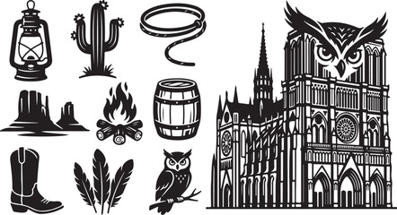 Fototapeta premium Vintage Western and Gothic Architectural Vector Icons Set