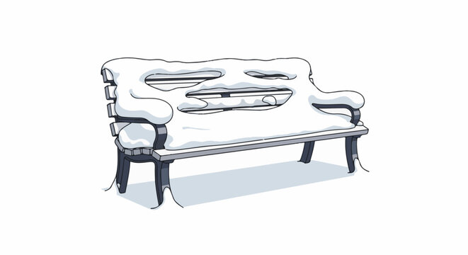 A park bench is covered in thick, soft snow, waiting for visitors on a winter day