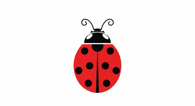 A minimalist red ladybug with black spots and curly antennae on a white background