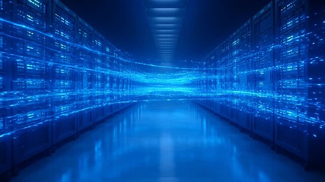 Blue glowing data streams flow between server racks in a dark facility, representing high-speed network transmission, digital information, connectivity, and big data