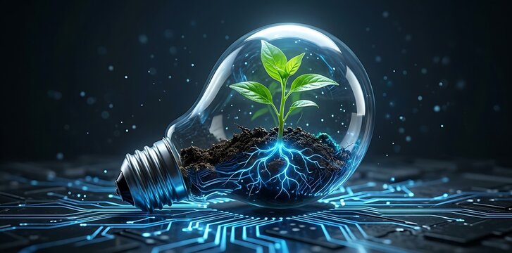 Tunas Tumbuh di Dalam Bohlam Lampu dengan Akar Bercahaya di Atas Sirkuit Digital Biru