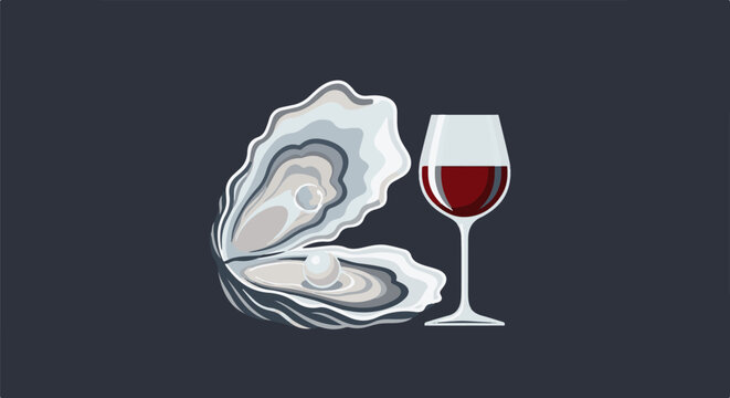 A pearl oyster and a glass of red wine rest on a dark background