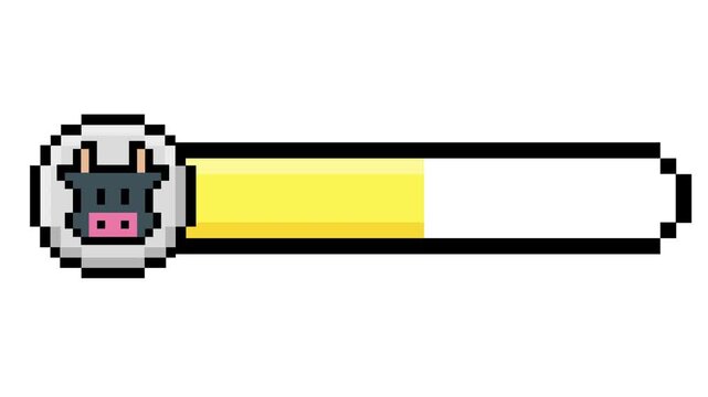Whimsical pixel art cow mascot on a digital progress bar, showcasing a partially filled yellow status for game UI