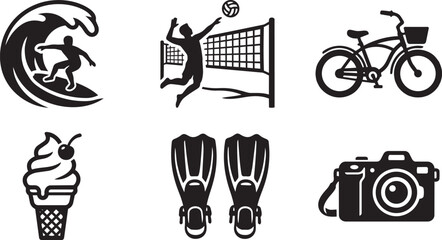Summer sports and beach recreation icon set. Flat glyph minimalist black vector icons collection isolated on white background. © Joy
