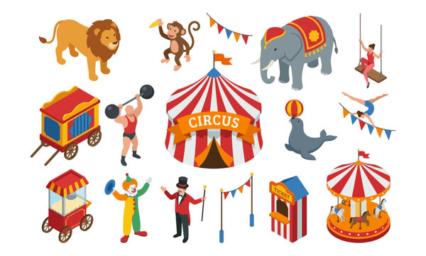 Circus Isometric Icon Set with Animals Performers and Attractions