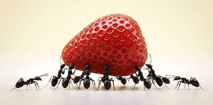 Sekelompok semut hitam bekerja sama mengangkat buah stroberi merah besar, simbol kerja tim dan gotong royong yang kuat