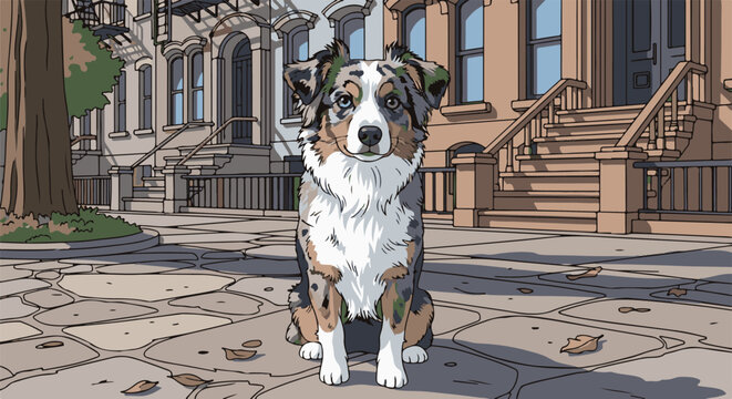 A dog sits on a cobblestone sidewalk in front of brownstone buildings on a sunny day