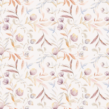 Floral watercolor pattern of abstract branches with leaves and flowers, seamless illustration for delicate fabric, home textile or repeat background. Hand-drawn print with whimsy design elements.