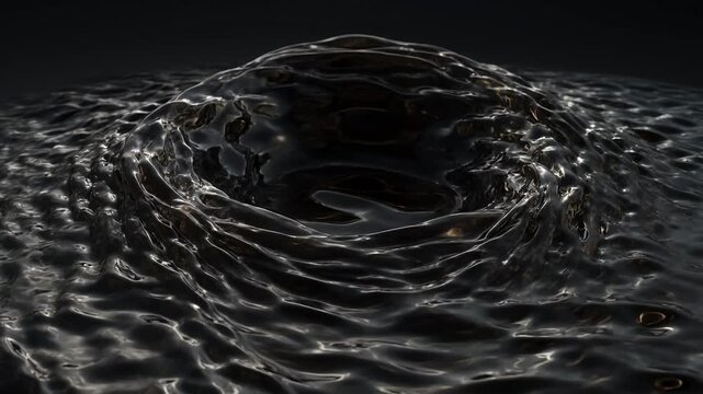 Dark liquid surface forms an expanding circular wave, representing fluid dynamics, natural motion, rhythmic energy, abstract physics, and minimalist aesthetics
