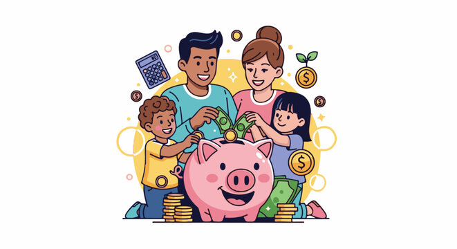 A family happily deposits money into a piggy bank with coins and a calculator