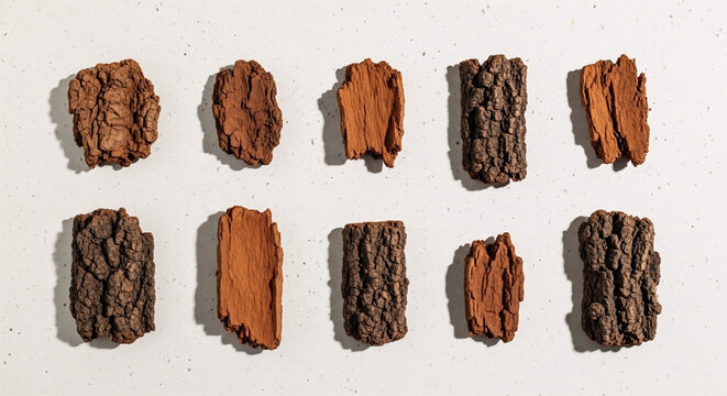 A collection of assorted cinchona bark pieces displayed in a neat grid on a plain white background, showcasing varied textures, colors, and natural patterns.