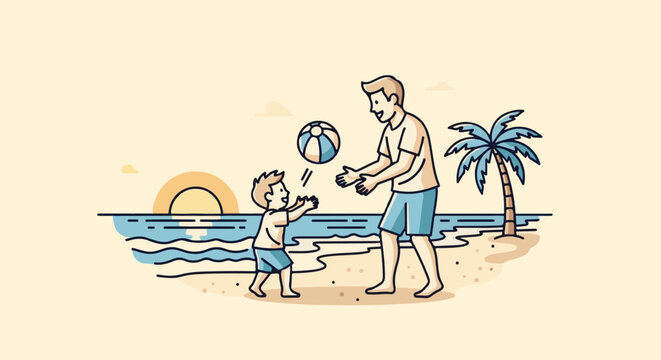 A father and son play catch with a ball on a sandy beach at sunset with a palm tree