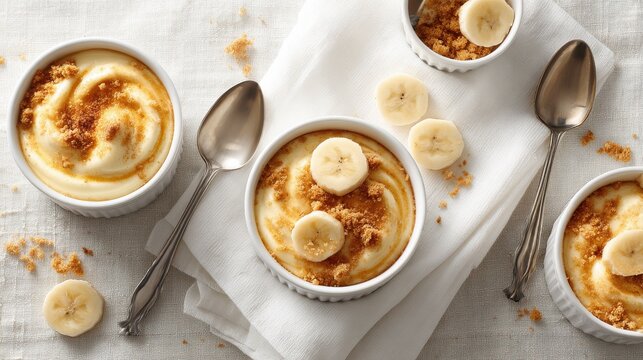 Delicious banana pudding served in ramekins with fresh banana slices and crumble topping. Indulge in a creamy, homemade banana pudding dessert, perfectly portioned in individual ramekins and garnished