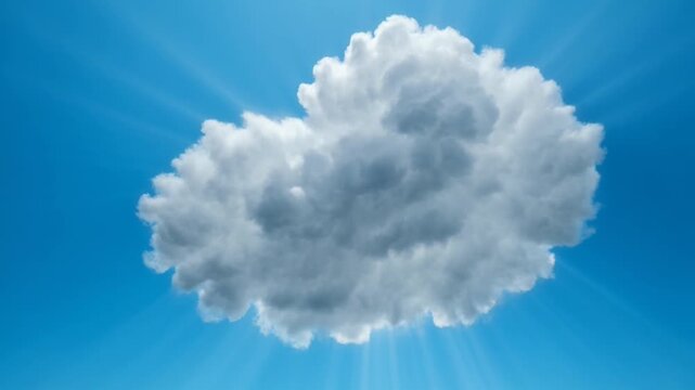 Single white cloud expands and darkens against a clear blue sky with rays of light, representing transformation, weather change, atmosphere, nature and growth