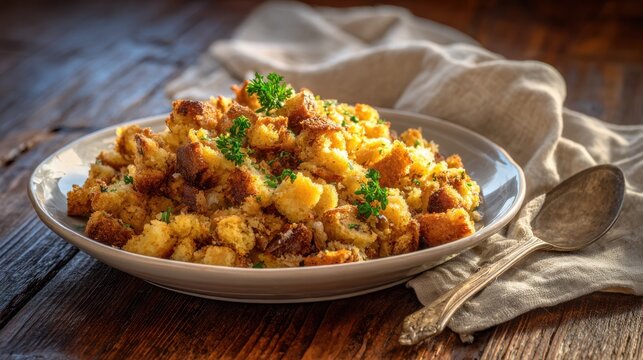 Delicious homemade stuffing with fresh parsley garnish served on a rustic wooden table. A close-up view of a hearty portion of savory stuffing, perfect for holiday meals or any cozy gathering