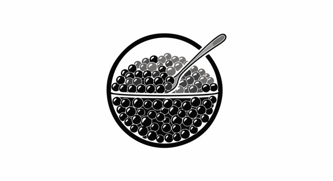 A graphic of a bowl filled with small dark spheres, a spoon rests within