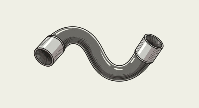 A gray, curved pipe with silver ends against a pale yellow background