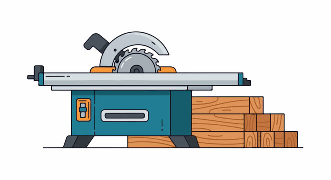 A flat design illustration of a teal table saw with a blade and stacked wood pieces