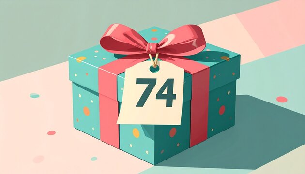 Nicely wrapped birthday present. Label with number 74 on it