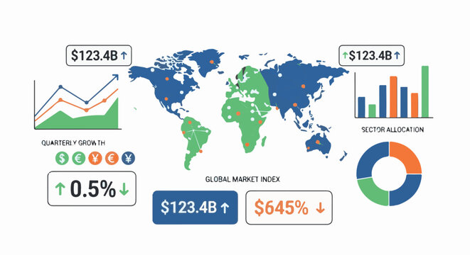A global financial overview with charts showing quarterly growth, sector allocation, and market index indicators