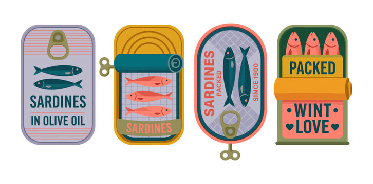 Various cans of sardines in oil vector illustration canned food packaging white background sardines illustration delicacy appetizer foodstuff creative stylized container preparation